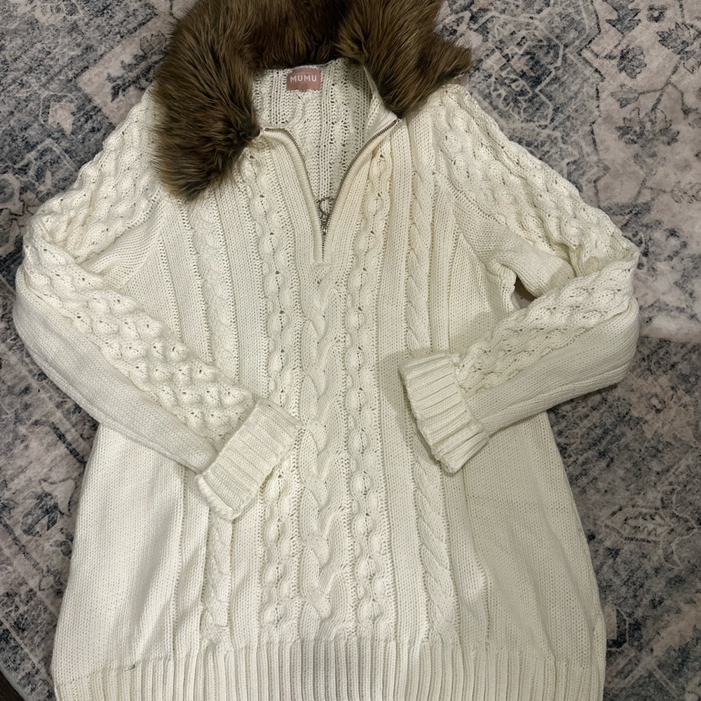 Show Me Your MuMu Cream Cable Knit Sweater with Faux Fur Collar